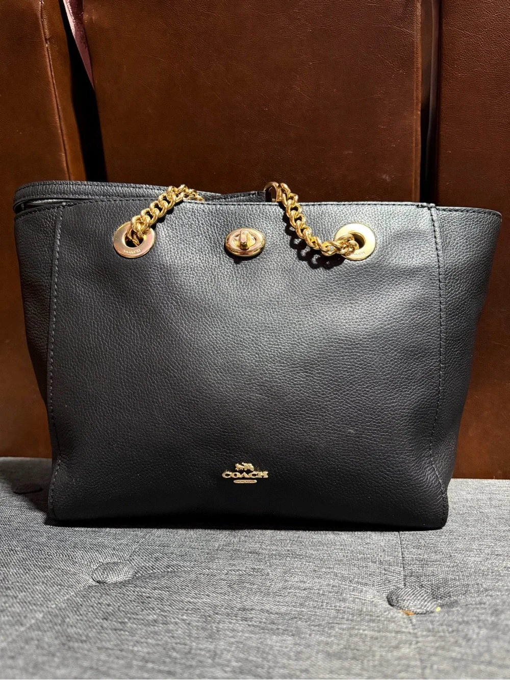 Coach Black Leather Tote with Gold Chain Details